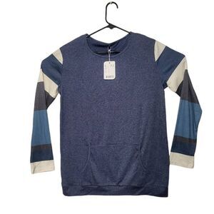 DOTIN Top Womens Large Striped Long Sleeve Kangaroo Pocket Pullover Lightweight